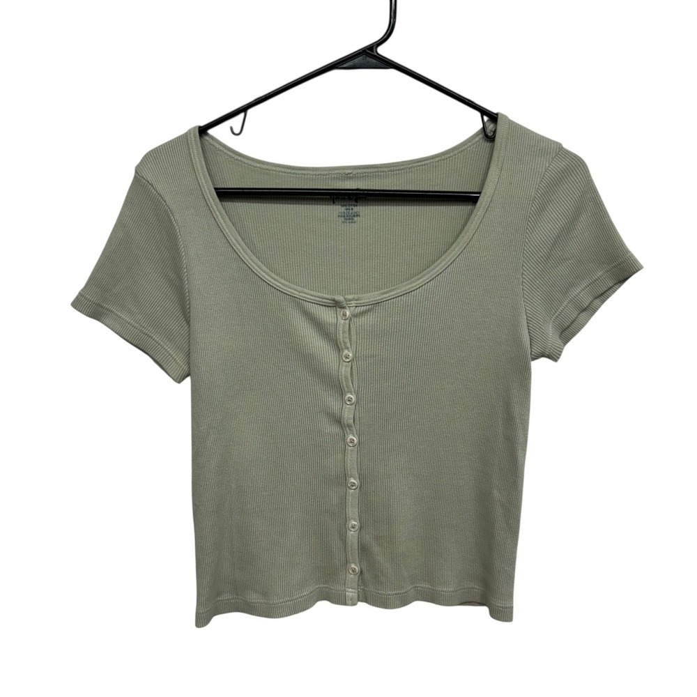 Y2K Ribbed Button Front Crop Top XS Sage Green Fitted Minimal Indie‎ Layering